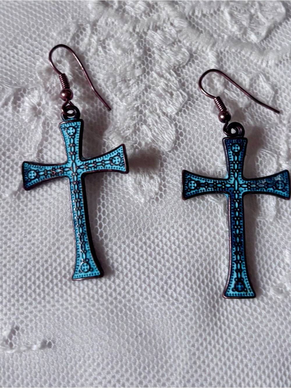 Metal Vintage Cross Drop Earrings - Copper? Tarnished Look New Orleans